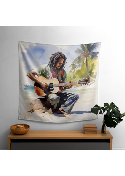 Tropikal Plaj ve Bob Marley Kanvas Tablo - Canlı Ranforce Kumaş Duvar Örtüsü