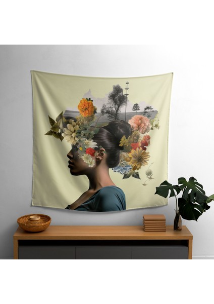 Kaprisli Pop Art Çiçekli Duvar Örtüsü - Pamuk Arka, Polyester Ön - Canlı Renkler, Süblimasyon