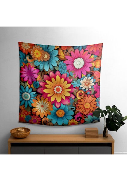Psychedelic Retro Çiçek Duvar Örtüsü - Pamuk Sırtlı, Canlı Renkler, Süblimasyon Baskı