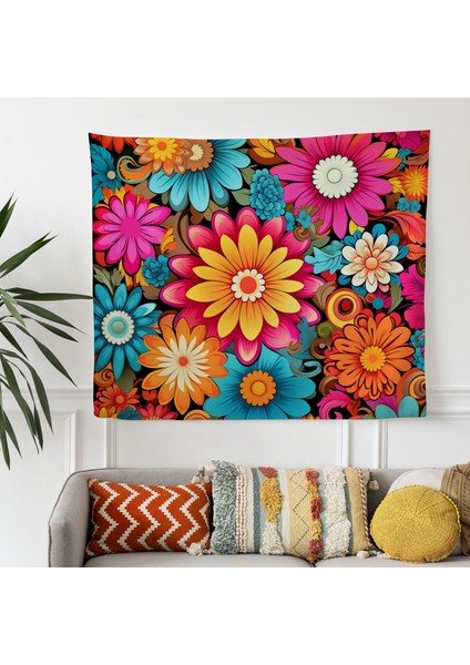 Psychedelic Retro Çiçek Duvar Örtüsü - Pamuk Sırtlı, Canlı Renkler, Süblimasyon Baskı fiyatları