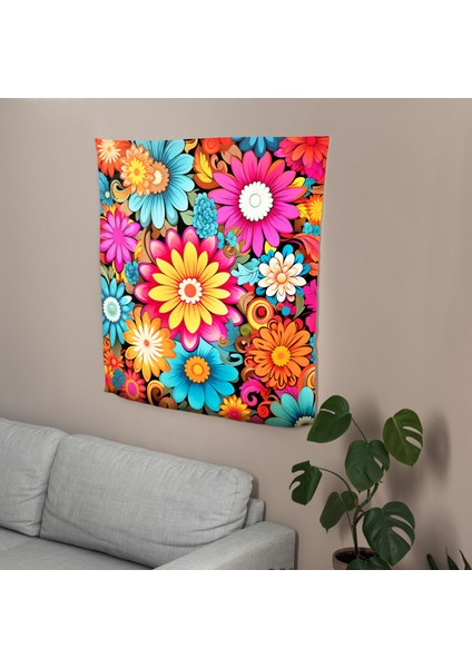 Psychedelic Retro Çiçek Duvar Örtüsü - Pamuk Sırtlı, Canlı Renkler, Süblimasyon Baskı modelleri