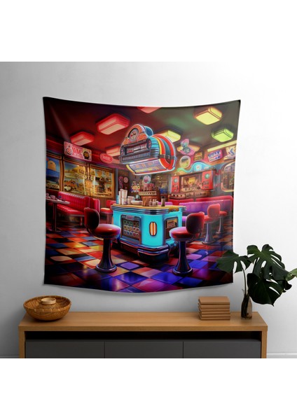 Retro Diner Duvar Örtüsü - Canlı Süblimasyon Baskı, Pamuk ve Polyester Kumaş, Şık Ev
