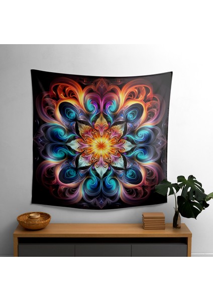 Psychedelic Fraktal Kaleydoskop Duvar Örtüsü - Süblimasyon Baskılı Canlı Ranforce Kumaş -
