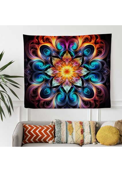 Psychedelic Fraktal Kaleydoskop Duvar Örtüsü - Süblimasyon Baskılı Canlı Ranforce Kumaş -