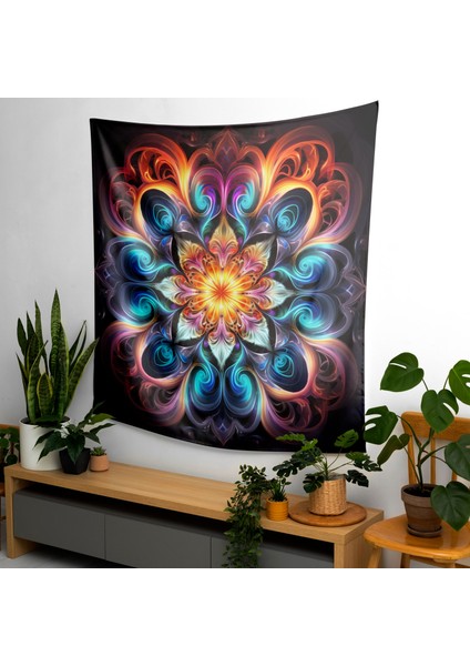 Psychedelic Fraktal Kaleydoskop Duvar Örtüsü - Süblimasyon Baskılı Canlı Ranforce Kumaş -