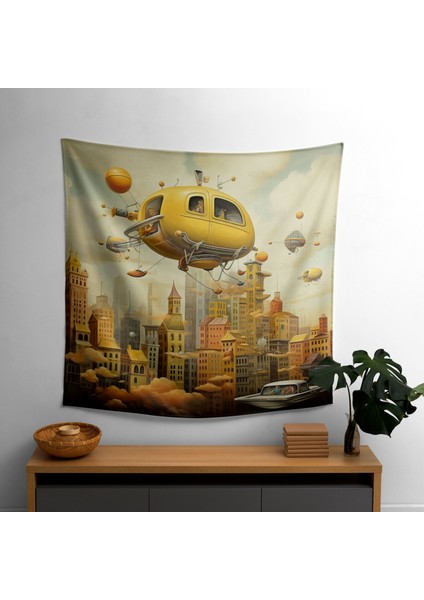 Gerçeküstü Uçan Taksi Duvar Örtüsü - Ranforce Kumaş, Canlı Renkler, Süblimasyon Baskı