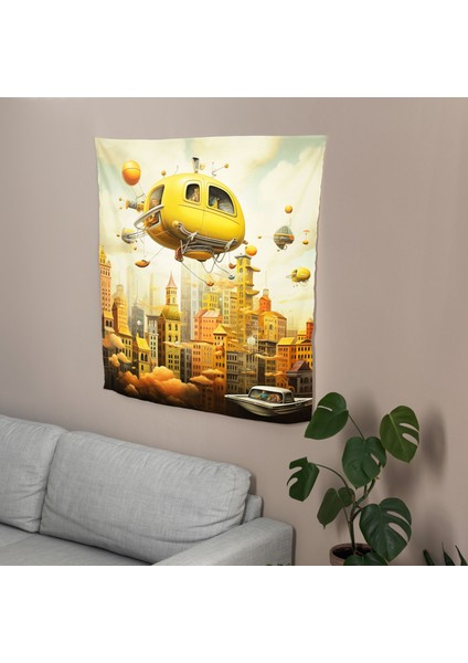 Gerçeküstü Uçan Taksi Duvar Örtüsü - Ranforce Kumaş, Canlı Renkler, Süblimasyon Baskı modelleri