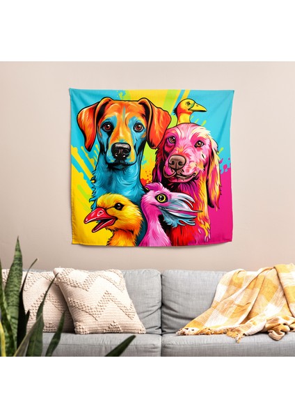 Kaprisli Hayvan Geçit Töreni Duvar Örtüsü - Pamuk Sırt ve Polyester Ön - Canlı Renkler modelleri