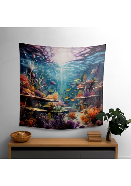 Soyut Sualtı Psychedelic Duvar Örtüsü - Süblimasyon Baskı ile Canlı Sanat Kumaş Duvar Asılı