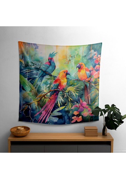 Tropikal Kuşlar Duvar Örtüsü - Canlı Pamuk ve Polyester Kumaş Sanat Örtüsü