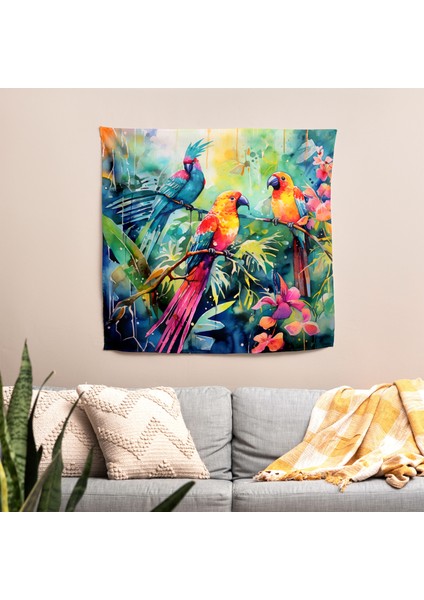 Tropikal Kuşlar Duvar Örtüsü - Canlı Pamuk ve Polyester Kumaş Sanat Örtüsü