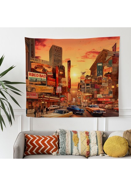 Retro Şehir Manzarası Duvar Örtüsü - Pamuk Sırt ve Polyester Ön - Ranforce Kumaş - Canlı