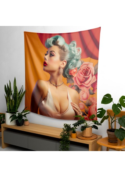Retro Pin-Up Glamour Duvar Örtüsü - Şık Ev Dekorasyonu Için Canlı Baskılı Kumaş Sanatı