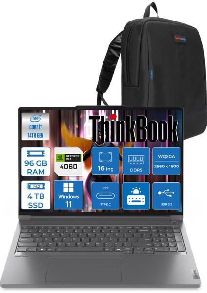 Thinkbook 16P G5 Intel Core I7 14650HX 96GB Ddr5 4tb SSD RTX4060 8gb Windows 11 Home 16" Wqxga (2560X1600) IPS 400NITS Taşınabilir Bilgisayar 21N50018TRH20 + Zetta Çanta