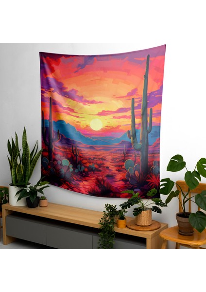 Gün Batımı Kaktüs Siluetleri Duvar Örtüsü - Pamuk Sırt ve Polyester Ön - Canlı Süblimasyon fiyatları