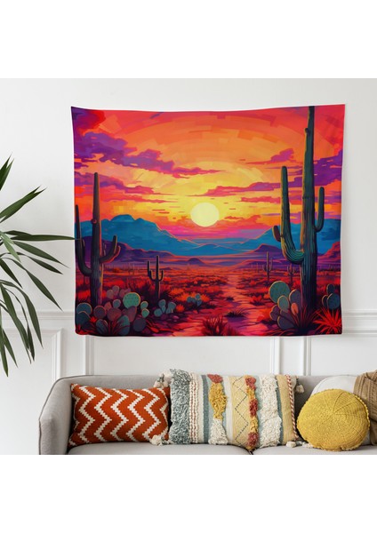 Gün Batımı Kaktüs Siluetleri Duvar Örtüsü - Pamuk Sırt ve Polyester Ön - Canlı Süblimasyon modelleri