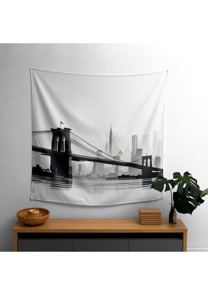 Minimalist Brooklyn Köprüsü Duvar Örtüsü - Pamuk Sırt, Polyester Ön - Canlı Renkler -