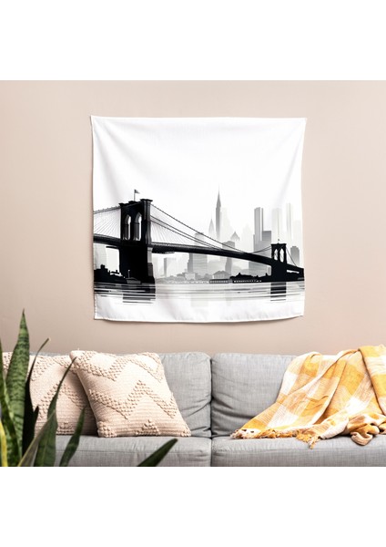 Minimalist Brooklyn Köprüsü Duvar Örtüsü - Pamuk Sırt, Polyester Ön - Canlı Renkler -