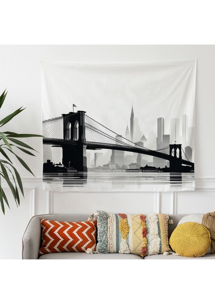 Minimalist Brooklyn Köprüsü Duvar Örtüsü - Pamuk Sırt, Polyester Ön - Canlı Renkler -