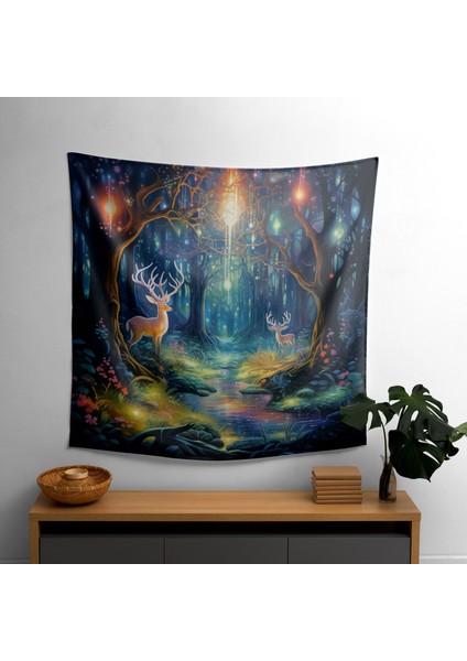 Psychedelic Orman Ruhları Duvar Örtüsü - Süblimasyon Baskılı Canlı Ranforce Kumaş - Modern
