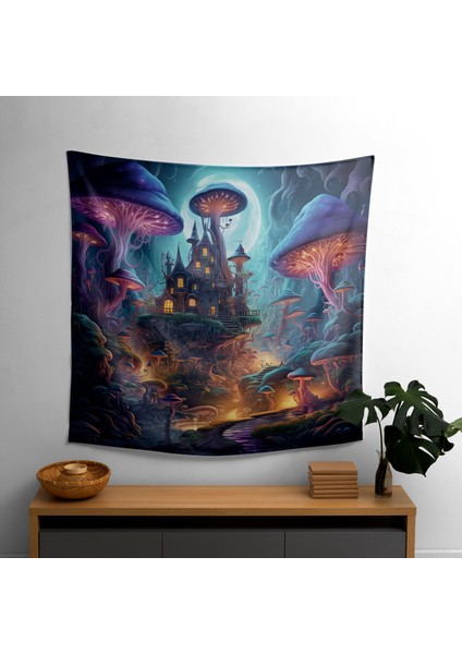 Büyülü Psychedelic Orman Duvar Örtüsü - Canlı Renkler, Pamuk Sırt, Polyester Ön,