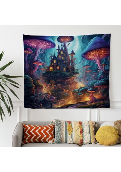 Büyülü Psychedelic Orman Duvar Örtüsü - Canlı Renkler, Pamuk Sırt, Polyester Ön, fiyatları