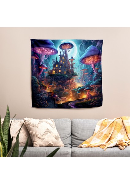 Büyülü Psychedelic Orman Duvar Örtüsü - Canlı Renkler, Pamuk Sırt, Polyester Ön, modelleri