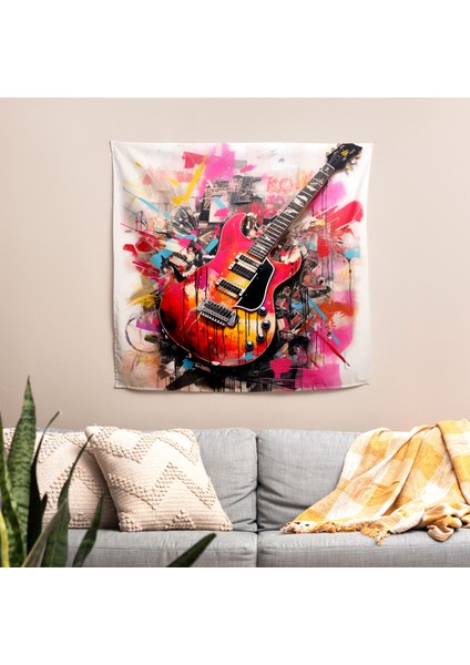 Pink Floyd Gitar ve Şarkı Sözleri Kompozisyonu Duvar Örtüsü - Pamuk Sırt, Canlı Renkler,