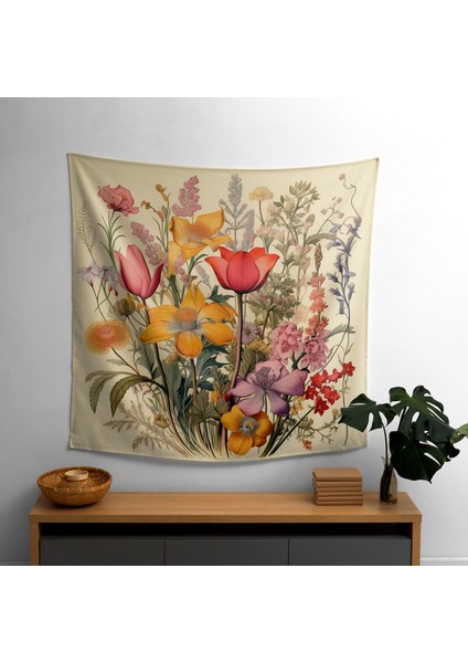 Retro Botanik Çiçekleri Duvar Örtüsü - Pamuk Sırt ve Polyester Ön - Canlı Renkler