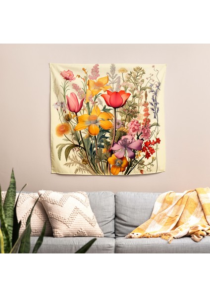 Retro Botanik Çiçekleri Duvar Örtüsü - Pamuk Sırt ve Polyester Ön - Canlı Renkler modelleri