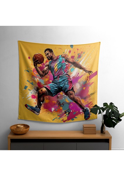 Pop Art Basketbol Smaç Duvar Örtüsü - Süblimasyon Baskılı Canlı Ranforce Kumaş - Yatak Odası,
