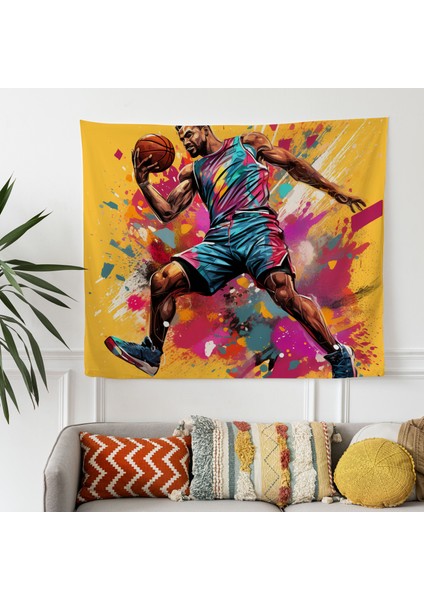 Pop Art Basketbol Smaç Duvar Örtüsü - Süblimasyon Baskılı Canlı Ranforce Kumaş - Yatak Odası,