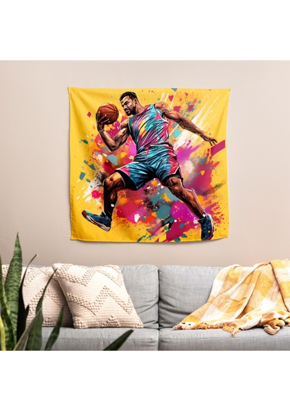 Pop Art Basketbol Smaç Duvar Örtüsü - Süblimasyon Baskılı Canlı Ranforce Kumaş - Yatak Odası,