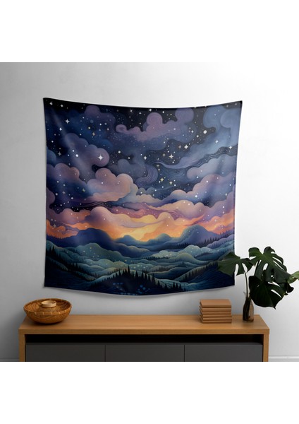 Kaprisli Yıldız Haritası Duvar Örtüsü - Pamuk Arka, Polyester Ön, Canlı Renkler