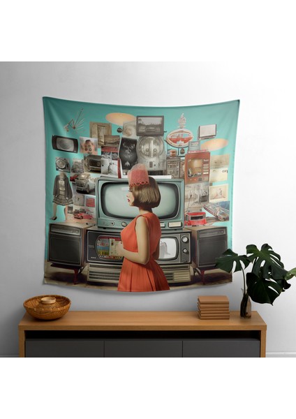 Retro Tv Time Kapsül Duvar Örtüsü - Pamuk Sırt, Polyester Ön, Ranforce Kumaş, Canlı Renkler