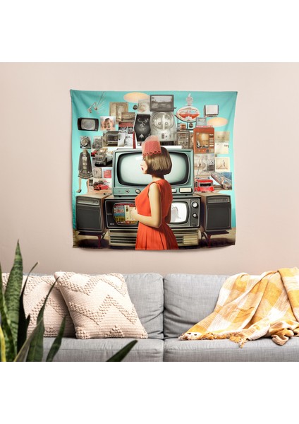 Retro Tv Time Kapsül Duvar Örtüsü - Pamuk Sırt, Polyester Ön, Ranforce Kumaş, Canlı Renkler