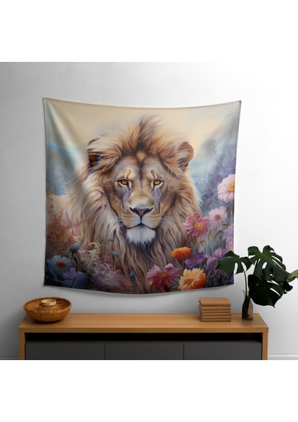 Pastel Aslan Portresi Duvar Örtüsü - Şık Ev Dekorasyonu Için Modern Baskılı Kumaş Sanatı
