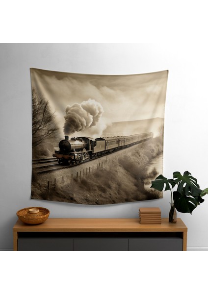 Vintage Tren Yolculuğu Sepya Duvar Örtüsü - Pamuk Sırt, Polyester Ön - Ranforce Kumaş