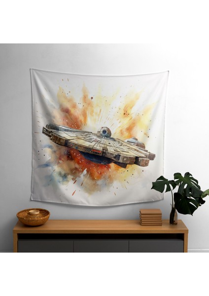 Suluboya Millennium Falcon Kumaş Duvar Örtüsü - Canlı Renkler, Yatak Odası, Oturma Odası ve
