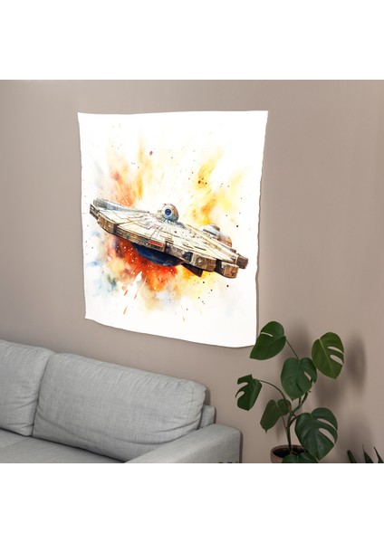 Suluboya Millennium Falcon Kumaş Duvar Örtüsü - Canlı Renkler, Yatak Odası, Oturma Odası ve