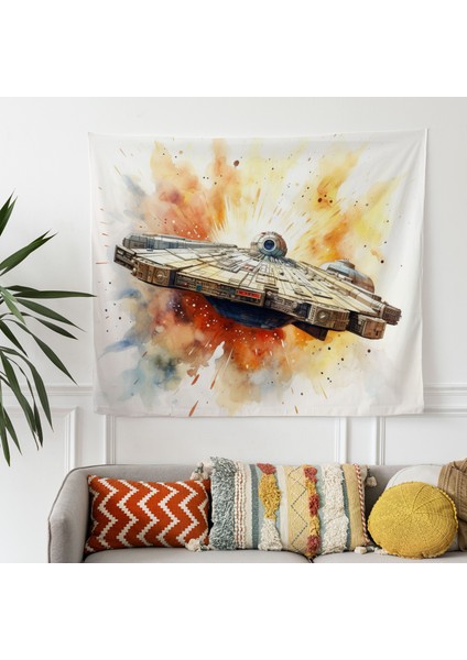Suluboya Millennium Falcon Kumaş Duvar Örtüsü - Canlı Renkler, Yatak Odası, Oturma Odası ve