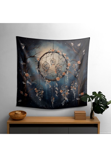 Bohemian Dreamcatcher Mehtaplı Gece Duvar Örtüsü - Pamuk Arka, Polyester Ön - Canlı Renkler