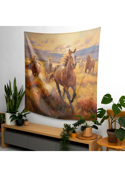 Wild Mustangs Duvar Örtüsü - Pamuk Sırt, Polyester Ön - Canlı Renkler, Ranforce Kumaş