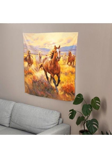 Wild Mustangs Duvar Örtüsü - Pamuk Sırt, Polyester Ön - Canlı Renkler, Ranforce Kumaş