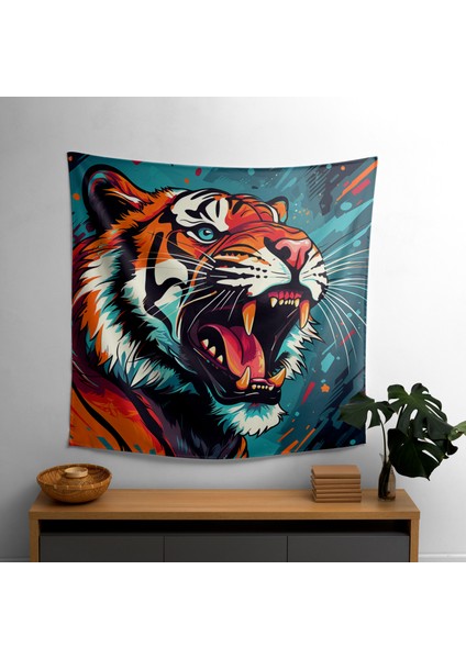 Tiger Power Pop Art Duvar Örtüsü | Canlı Renkler, Ranforce Kumaş