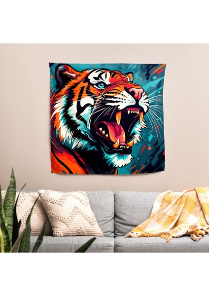 Tiger Power Pop Art Duvar Örtüsü | Canlı Renkler, Ranforce Kumaş
