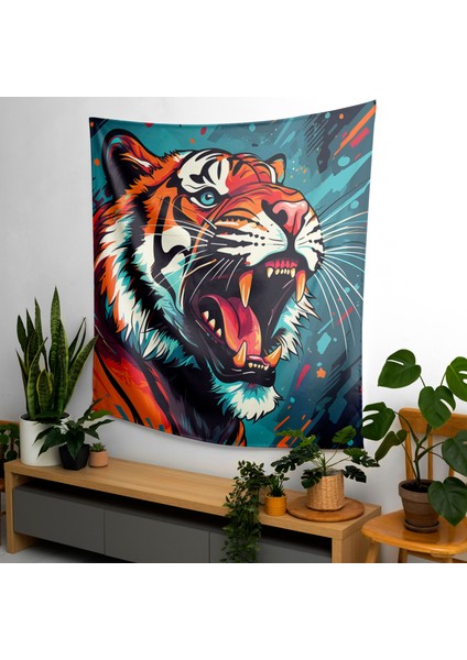 Tiger Power Pop Art Duvar Örtüsü | Canlı Renkler, Ranforce Kumaş