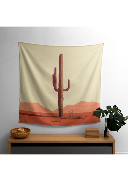 Yalnız Saguaro Çöl Manzarası Duvar Örtüsü - Pamuk Sırt, Polyester Ön, Ranforce Kumaş,