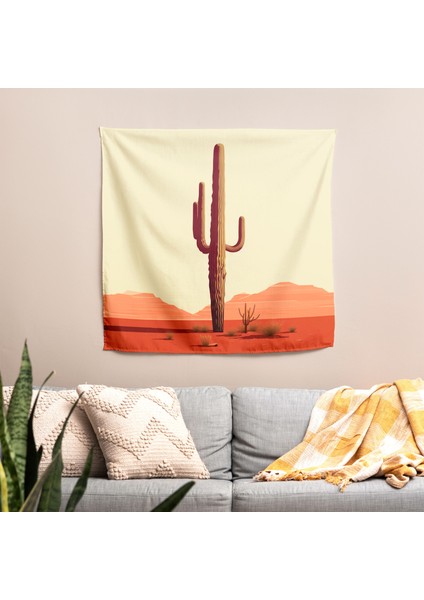 Yalnız Saguaro Çöl Manzarası Duvar Örtüsü - Pamuk Sırt, Polyester Ön, Ranforce Kumaş,