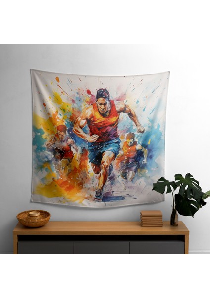 Canlı Sporcular Soyut Duvar Örtüsü - Ranforce Kumaş, Canlı Renkler